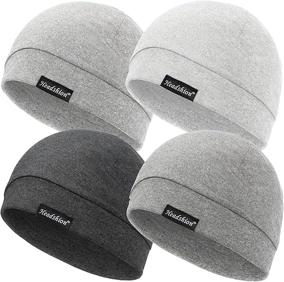 Headshion Cotton Modal Skull Caps for Men Women, 4-Pack Beanie Hat for Running Cycling Sleep Cap Chemo Headwear Helmet Liner