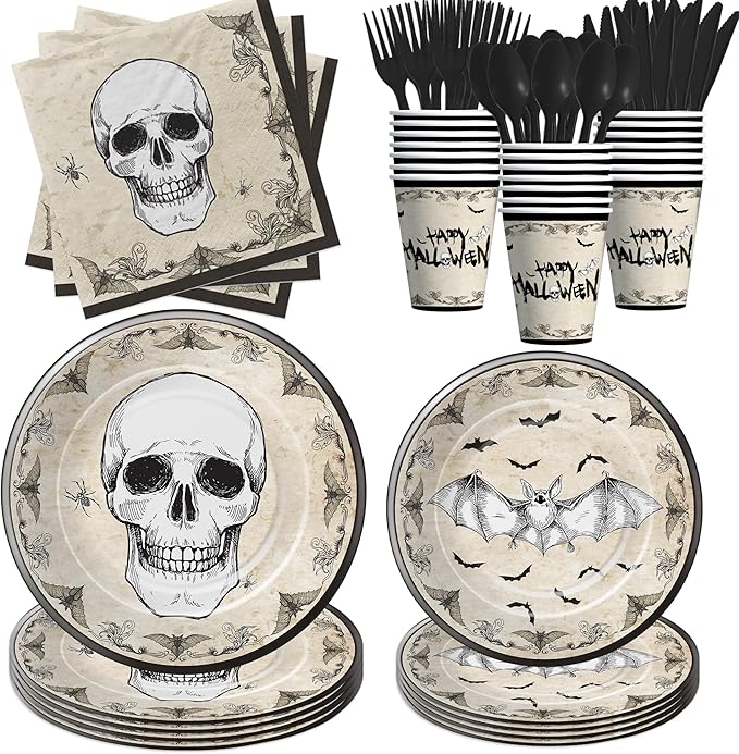 Halloween Decorations Party Tableware For Adults, Vintage Spooky Skull Bat Halloween Plates And Napkins Party Supplies, Disposable Paper Plate, Cup, Napkin, Cutlery, Serves 24