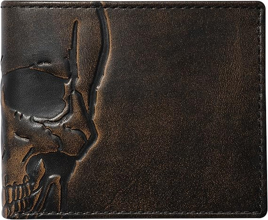 House of Jack Co. Skull Bifold Wallet for Men with Two ID Windows, Full Grain Cowhide Leather Wallet, Black
