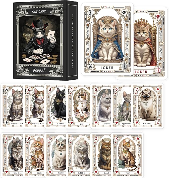 Unique Vintage Cat Dog Portraits Playing Cards, Cute Pet Themed Poker Cards, Featuring Backup Deck,Standard Index(Poker Deck 54 Cards All Different), for Family Game Night