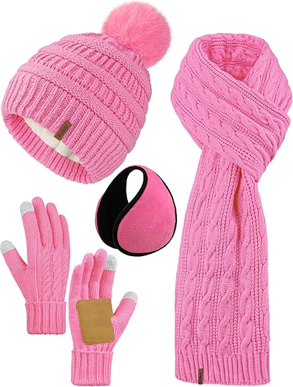 4-in-1 Women Winter Beanie Hat Scarf Touchscreen Gloves Ear Warmer Set Fleece Lined Warm Knit Skull Cap with Pom Pom
