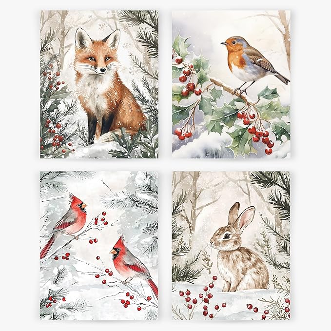 YQDEJ Christmas Wall Decor, Farmhouse Winter Animals Fox Bird Rabbit Wall Art Prints Set of 4, Christmas Cardinal Decor, Christmas Posters Wall Art Decor for Living Room Bedroom, 8x10 Inches Unframed