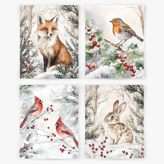 YQDEJ Christmas Wall Decor, Farmhouse Winter Animals Fox Bird Rabbit Wall Art Prints Set of 4, Christmas Cardinal Decor, Christmas Posters Wall Art Decor for Living Room Bedroom, 8x10 Inches Unframed