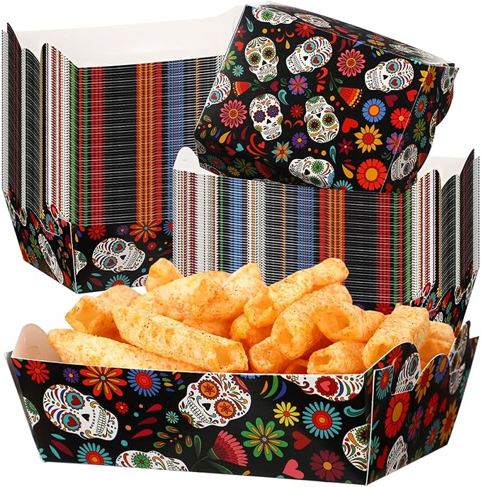 Zhehao 60 Pcs Day of the Dead Food Trays Dia De Los Muertos Party Supplies Fiesta Snack Trays Halloween Paper Food Trays Disposable Mexican Skull Candy Bowl for Halloween Day of the Dead Decoration