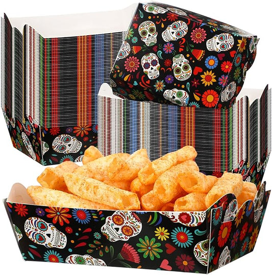 Zhehao 60 Pcs Day of the Dead Food Trays Dia De Los Muertos Party Supplies Fiesta Snack Trays Halloween Paper Food Trays Disposable Mexican Skull Candy Bowl for Halloween Day of the Dead Decoration