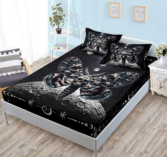 HOSIMA Death Moth Skull Heads Twin Fitted Sheet - Horror Theme Halloween Bedding, Star Galaxy Sun and Moon Boho for Boys Girls Room Decor - Lightweight Gothic, 1 Fitted Sheet + 2 Pillowcases