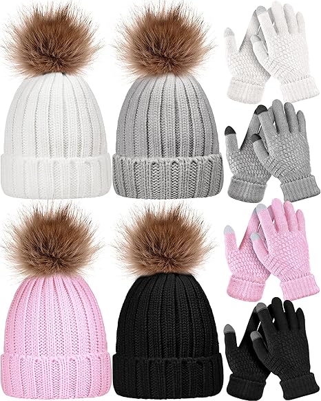 8 Pcs Winter Women Knit Beanie Hat Glove Set Warm Knitted Skull Cap with Faux Fur Pom Ski Beanie Touchscreen Gloves