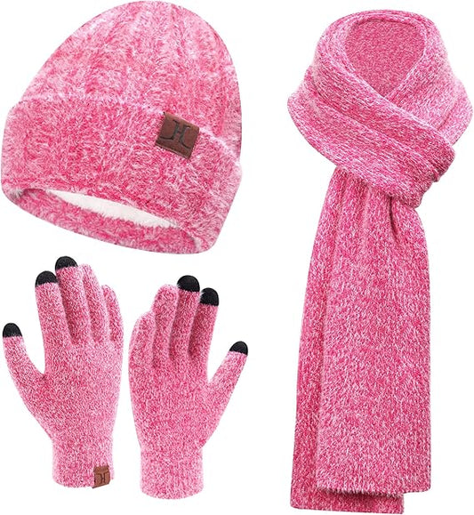 Womens Winter Warm Knit Beanie Hat Touchscreen Gloves Long Neck Scarf Set with Fleece Lined Skull Caps Gifts for Women