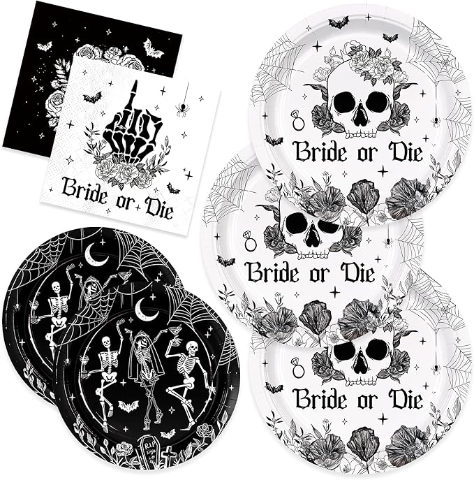 150pcs Bride or Die Bachelorette Plates Napkins Party Supplies Skull Gothic Halloween Bachelorette Bridal Shower Plates and Napkins Disposable Tableware Set for 50 Guests