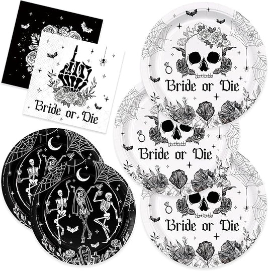 150pcs Bride or Die Bachelorette Plates Napkins Party Supplies Skull Gothic Halloween Bachelorette Bridal Shower Plates and Napkins Disposable Tableware Set for 50 Guests