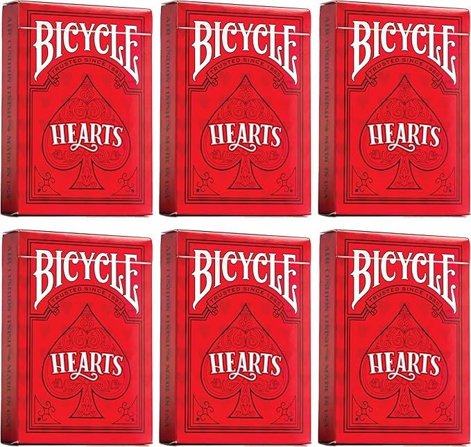 Bicycle Playing Cards 6 Deck Rider Back Red Hearts Collector's Bundle | 6 Decks Playing Cards with Highlighted Cards and Rules for The Game of Hearts.