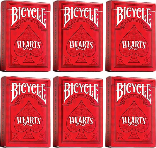 Bicycle Playing Cards 6 Deck Rider Back Red Hearts Collector's Bundle | 6 Decks Playing Cards with Highlighted Cards and Rules for The Game of Hearts.