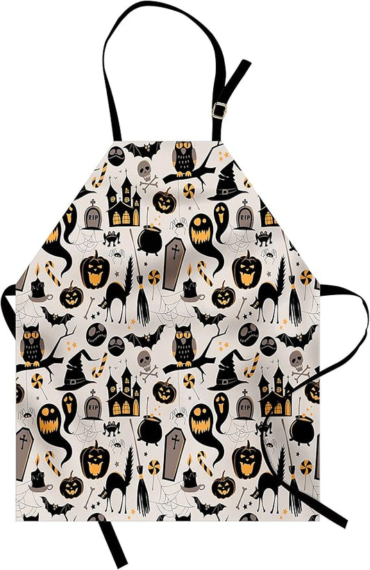 Lunarable Vintage Halloween Apron, Halloween Cartoon Jack o' Lantern Tombstone Skulls and Bones, Unisex Kitchen Bib with Adjustable Neck for Cooking Gardening, Adult Size, Pale Grey