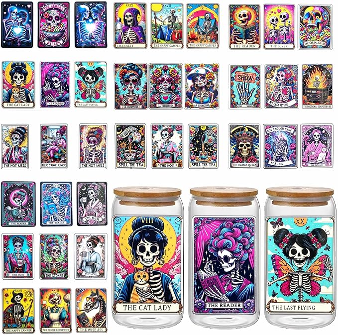 UV DTF Cup Wrap Halloween Characters Transfer Stickers for 16OZ Glass Cups UV DTF Cup Wrap Transfer Skull Stickers Decals Waterproof Rub on Transfers for Crafts Vintage（Halloween Series-12Sheets）