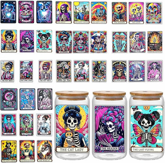 UV DTF Cup Wrap Halloween Characters Transfer Stickers for 16OZ Glass Cups UV DTF Cup Wrap Transfer Skull Stickers Decals Waterproof Rub on Transfers for Crafts Vintage（Halloween Series-12Sheets）