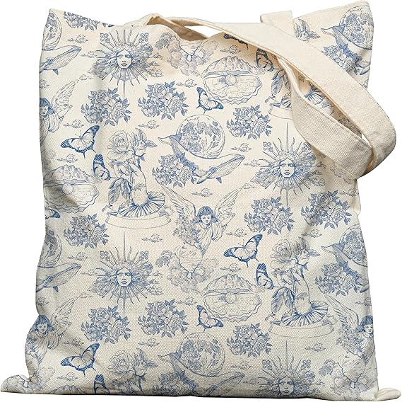 Canvas Tote Bag with Aesthetic Prints, Cute Tote Bag for Women Girls with Wide Strap, Gifts for Cat Book Lovers