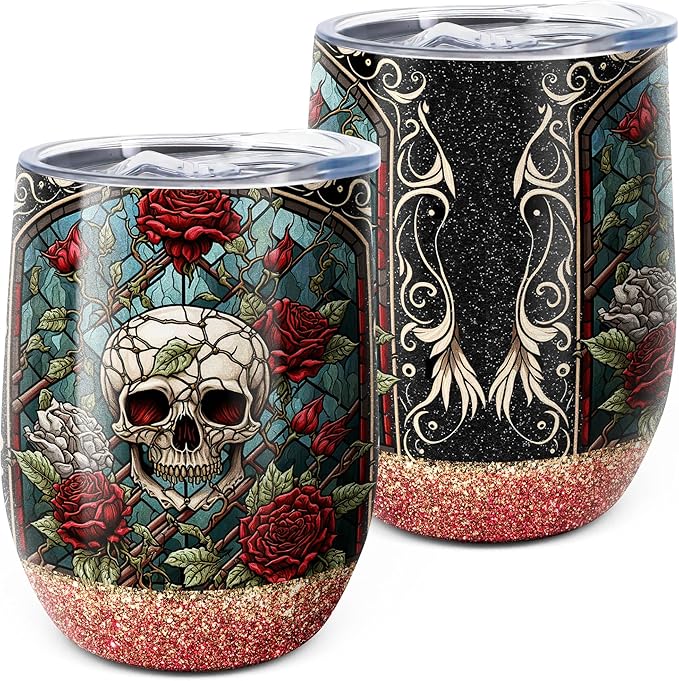 Stained Glass Skull and Roses Gift for Women,Gothic Unique Wine Tumbler Coffee Travel Mug,Day Of Dead,Halloween,Best for Gothic Lover,12 Oz with Lid Vacuum Stainless Steel Double Wall Cup (Pack of 1)