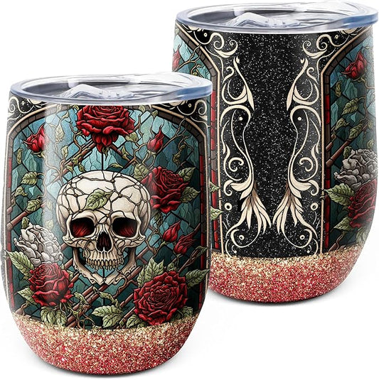 Stained Glass Skull and Roses Gift for Women,Gothic Unique Wine Tumbler Coffee Travel Mug,Day Of Dead,Halloween,Best for Gothic Lover,12 Oz with Lid Vacuum Stainless Steel Double Wall Cup (Pack of 1)