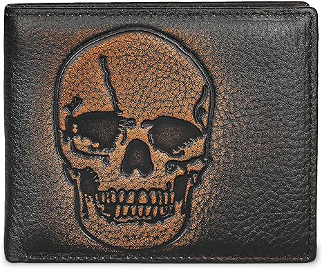 DK86 Skull Bifold Wallet for Men RFID Blocking Full Grain Leather With Hand Burnished Extra Capacity Multiple Card Slots with 2 ID Windows