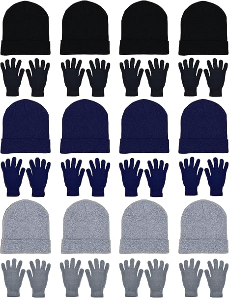 24x Winter Beanies & Gloves Combo Pack, Bulk Pack for Men Women, Warm Cozy Gift