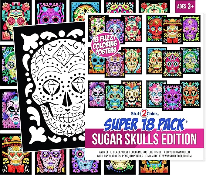 Stuff2Color Super Pack of 18 Fuzzy Velvet Coloring Posters (Sugar Skulls Edition) - Great Kid Friendly Halloween, Day of the Dead, Dia de los Muertos Arts and Craft Activity [All Ages Fun] (1 Pack)