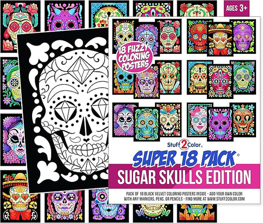 Stuff2Color Super Pack of 18 Fuzzy Velvet Coloring Posters (Sugar Skulls Edition) - Great Kid Friendly Halloween, Day of the Dead, Dia de los Muertos Arts and Craft Activity [All Ages Fun] (1 Pack)