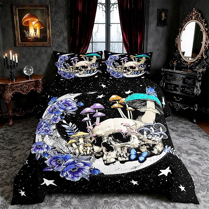 Star Moon Comforter Set Queen Size Mushroom Sugar Skull Bedding Set 3pcs for Kids Girls Boys Youth Bedroom Decor Exotic Plants Quilted Duvet Purple Flower Butterfly Duvet Insert,Black White