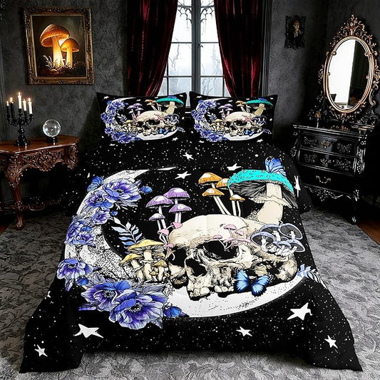 Star Moon Comforter Set Queen Size Mushroom Sugar Skull Bedding Set 3pcs for Kids Girls Boys Youth Bedroom Decor Exotic Plants Quilted Duvet Purple Flower Butterfly Duvet Insert,Black White