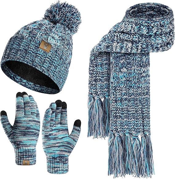 Womens Winter Warm Beanie Hat Touchscreen Gloves Lone Neck Scarf Set with Fleece Lined Pom Skull Cap Gift for Women 3PCS