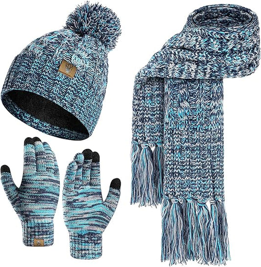 Womens Winter Warm Beanie Hat Touchscreen Gloves Lone Neck Scarf Set with Fleece Lined Pom Skull Cap Gift for Women 3PCS