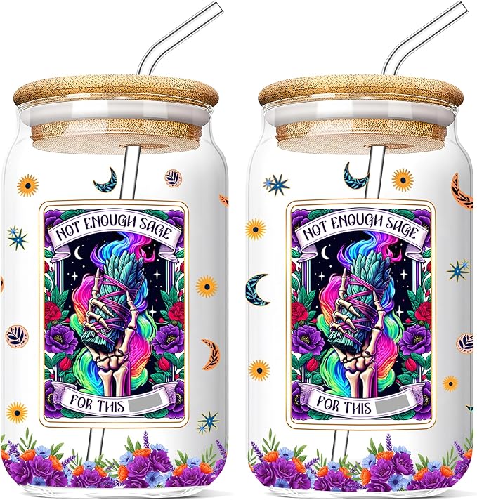 Tarot Card Skeleton 16 Oz Glass Cup with Lids and Straws Halloween Skull Iced Coffee Tumbler Not Enough Sage Drinking Glasses Christmas Birthday Funny Gifts for Women Men Friends Coworkers