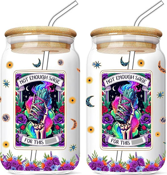 Tarot Card Skeleton 16 Oz Glass Cup with Lids and Straws Halloween Skull Iced Coffee Tumbler Not Enough Sage Drinking Glasses Christmas Birthday Funny Gifts for Women Men Friends Coworkers