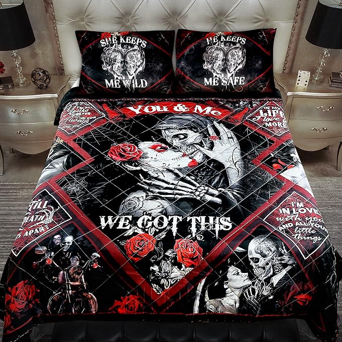 GEEMBI Christmas Gothic Skull Gifts for Couples - Gothic Skull Queen Size Bedding Set - Christmas Wedding Anniversary Valentines Birthday Gifts for Him Her Wife Husband Boyfriend Girlfriend