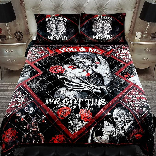 GEEMBI Christmas Gothic Skull Gifts for Couples - Gothic Skull Queen Size Bedding Set - Christmas Wedding Anniversary Valentines Birthday Gifts for Him Her Wife Husband Boyfriend Girlfriend