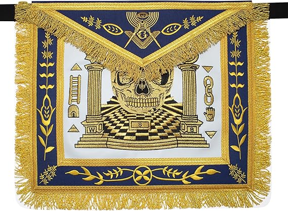 Masonic Master Mason Apron Custom Design (Skull, Pillars & Carpet) Navy Blue Ribbon, Imitation Leather