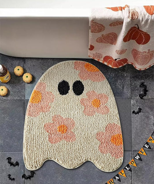 Cute Ghost Shaped Halloween Bath Mat Boho Vintage Floral Funky Halloween Bath Mat for Bathroom Aesthetic Decorations, Modern Abstract Cool Gothic Spooky Spirit Bathroom Rugs Non-Slip Washable