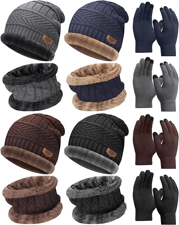 4 Set Winter Hat Glove Scarf Sets for Kids Includes Knit Toddler Cap Beanie Windproof Skull Cap Touchscreen Mitten Touchscreen Gloves Neck Warmer Cold Weather Sets for Boy, 5-14 Years
