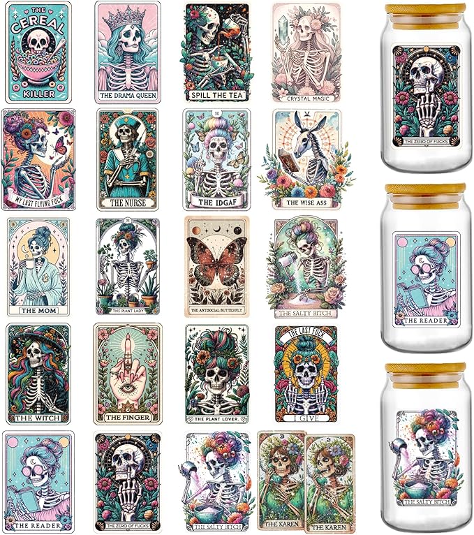 AFRITEE UV DTF Cup Wraps - 20 Sheets Funny Tarot Uvdtf Tumbler Wraps for 16 20 oz Glass Coffee Mug, Adult Humor Skull Flower Rub on Transfer Stickers Decals for Water Bottle Craft Decorations Gift