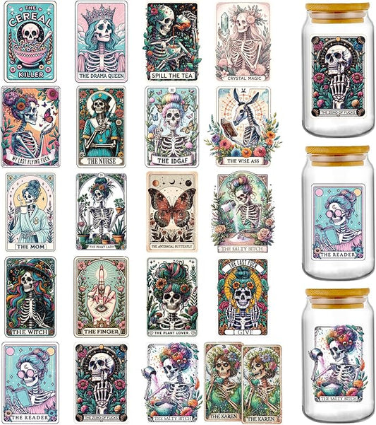 AFRITEE UV DTF Cup Wraps - 20 Sheets Funny Tarot Uvdtf Tumbler Wraps for 16 20 oz Glass Coffee Mug, Adult Humor Skull Flower Rub on Transfer Stickers Decals for Water Bottle Craft Decorations Gift