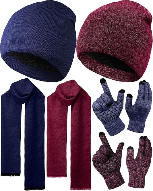 SATINIOR 6 Pcs Winter Knit Beanie Hat Scarf Touchscreen Gloves Set Warm Skull Cap Gifts for Men Women(Navy Blue, Wine Red)