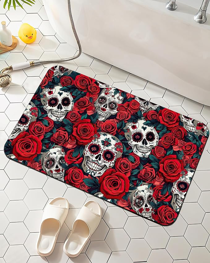Elightvap Skull Red Rose Bathroom Rugs Mat Non Slip Absorbent Quick Dry Rug Flowers Skeleton Bath Mats for Bathroom Floor Bathtub,17 * 29.5 Inches