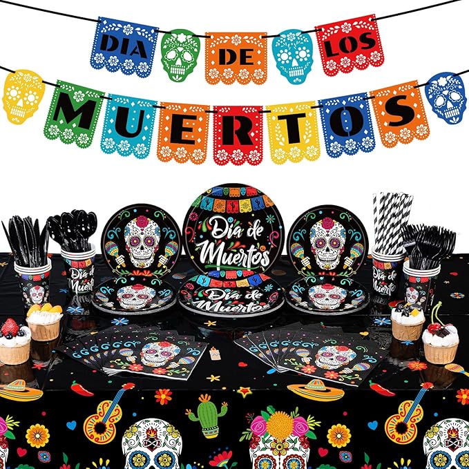 195 PCS Day of The Dead Party Plates and Napkins Set - Sugar Skull Tableware Set Dia De Los Muertos Banners Tablecloths Mexican Party Supplies for Halloween Fiesta Birthday Decors, Serves 24