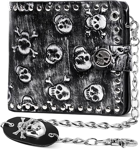 Skull Gothic Chain Wallet Leather - Punk Bifold Halloween Goth Accessories Studded Edge Design | Unisex, Black