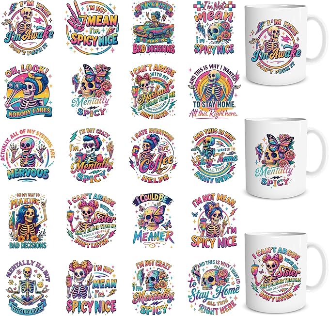 UV DTF Cup Wrap - 20 Pcs Funny Skeleton UV DTF Stickers for 16 OZ Sarcastic Skull Waterproof UVDTF Transfer Decals for Glasses Cups Mug DIY Crafts