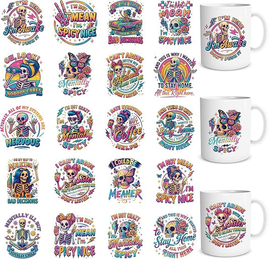 UV DTF Cup Wrap - 20 Pcs Funny Skeleton UV DTF Stickers for 16 OZ Sarcastic Skull Waterproof UVDTF Transfer Decals for Glasses Cups Mug DIY Crafts