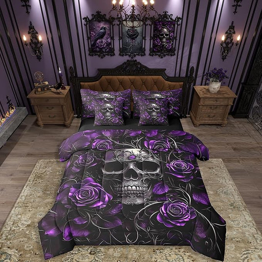 Erosebridal Sugar Skull 7 Pcs Comforter Set Queen,Purple Rose Floral Bedding Set for Kids Boys Girls Teens Adults,Gothic Skeleton Bed in a Bag,Exothic Hippie Horror Bed Sets with Sheet Set