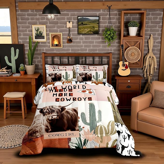Manfei Western Cowboys Kids Comforter Set Queen Size,Highland Cattle Cactus Bull Skull Bedding Set,Girls Boys Adults Bedroom Decor,Geometric Patchwork Down Comforter,Rustic Duvet Insert,2 Pillowcases