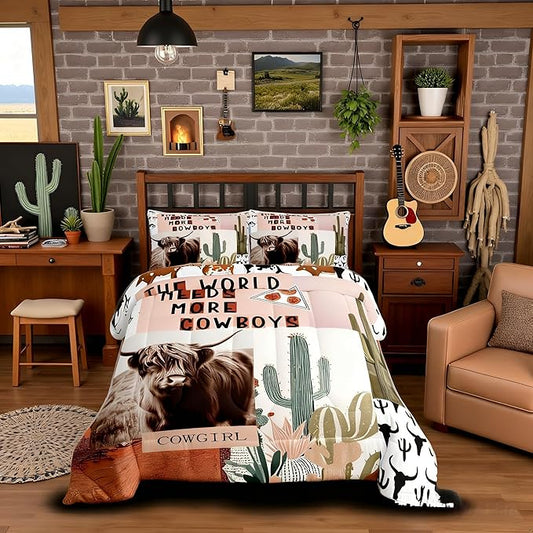 Manfei Western Cowboys Kids Comforter Set Queen Size,Highland Cattle Cactus Bull Skull Bedding Set,Girls Boys Adults Bedroom Decor,Geometric Patchwork Down Comforter,Rustic Duvet Insert,2 Pillowcases