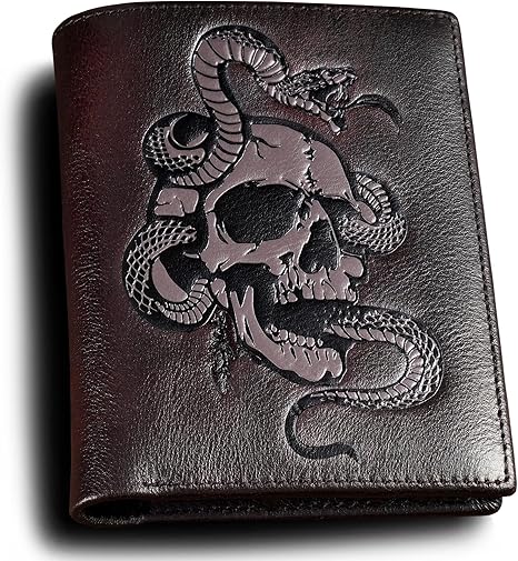 Cool Wallets For Men Bifold,Skull Mens Wallet Leather Vertical,RFID Blocking,Gifts for Him Husband and Boyfriend (Coffee)