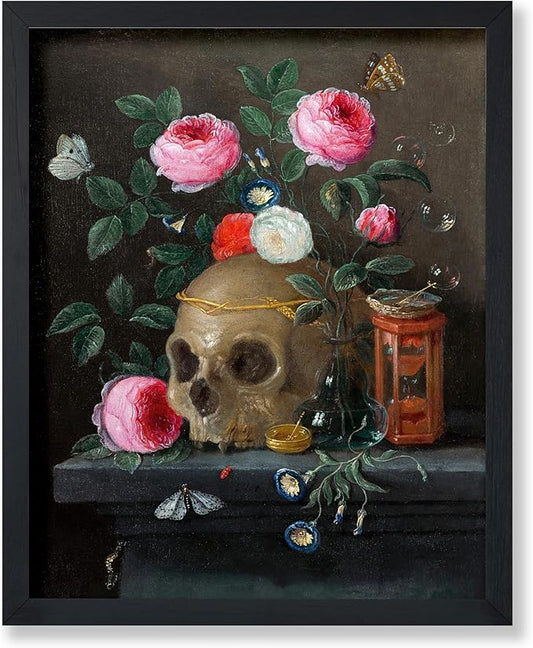 Poster Master Vintage Flowery Skull Print - Retro Vanitas Still Life Poster - Flower Art - Floral Gift for Men & Women - Gothic Decor for Dorm, Bedroom or Living Room - 8x10 UNFRAMED Wall Art